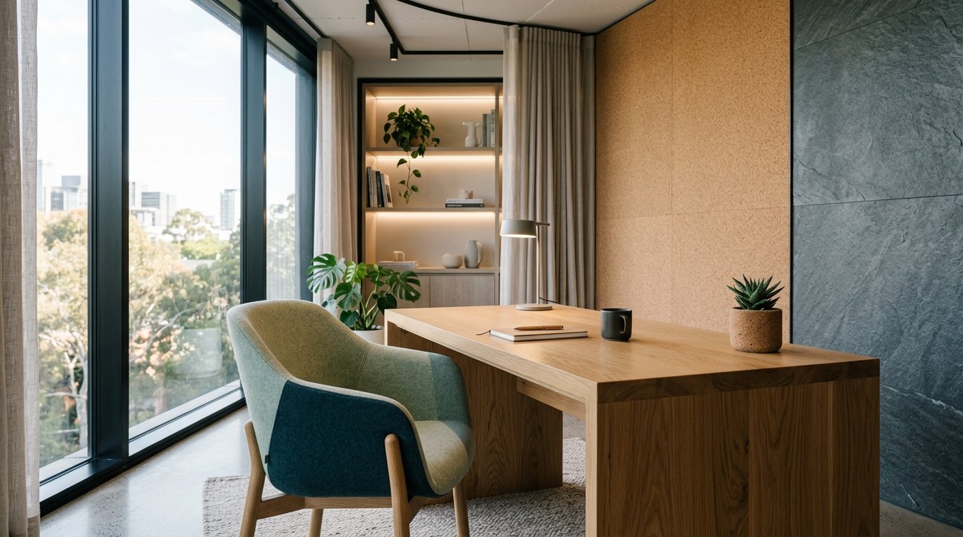 Fokus-Arbeitsbereich mit Massivholztisch, Wollfilzsessel und Korkwand